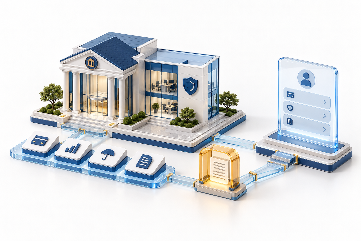 A financial institution connected to customer services and document review.