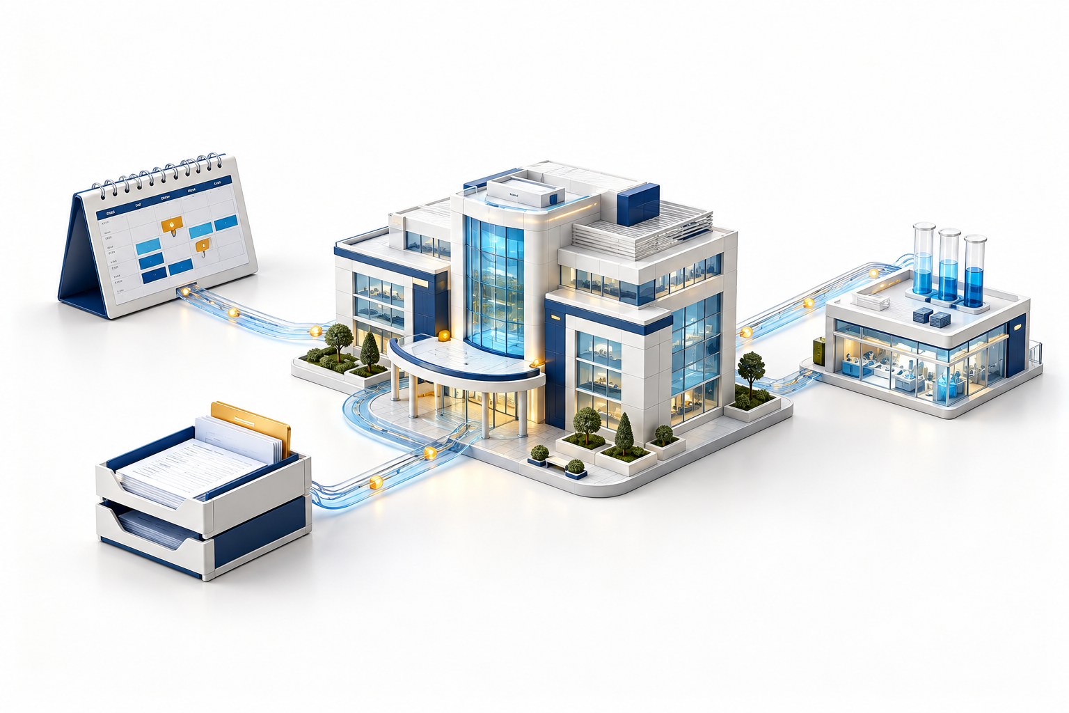 A hospital, laboratory and administrative workflows connected through a digital platform.