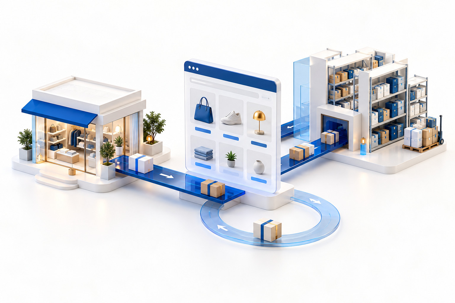 Storefront, online shopping and fulfillment connected through an order workflow.