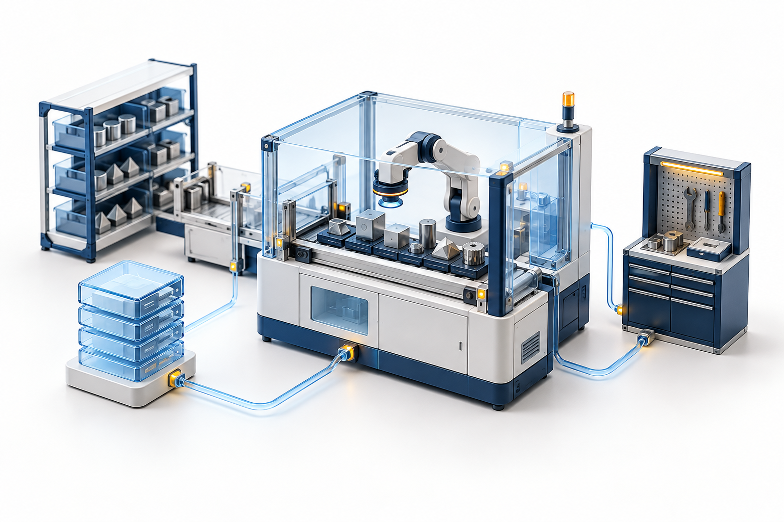 A manufacturing line connected to inspection, supply records and maintenance.