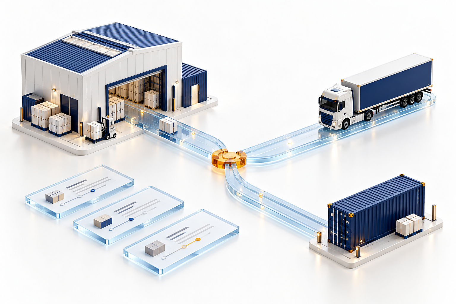 A warehouse and transport network linked by shipment tracking and routing.