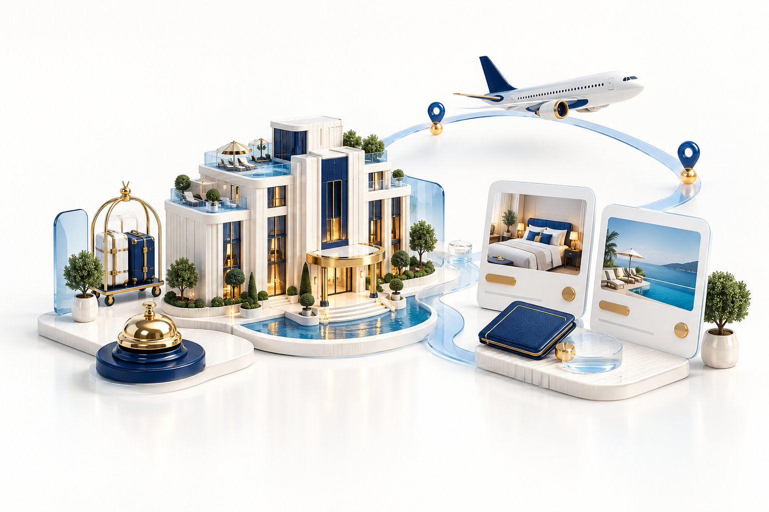 A hotel and travel booking platform connected to reservations and guest services.