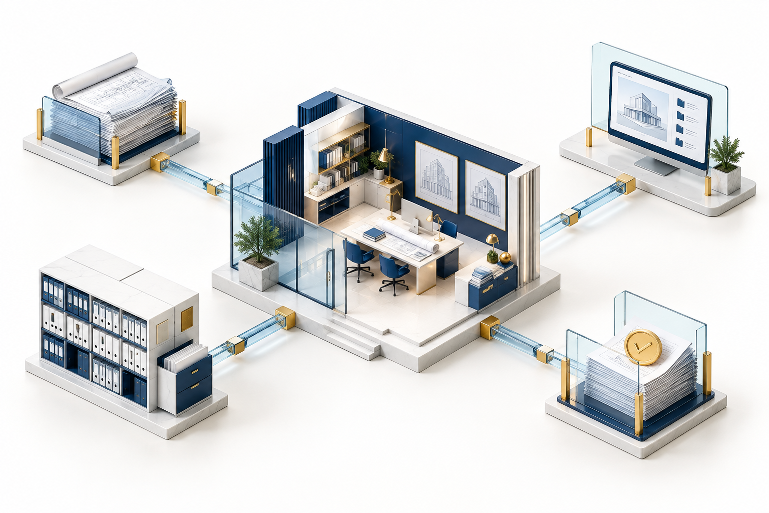 A professional office connected to project documents, review and a client portal.