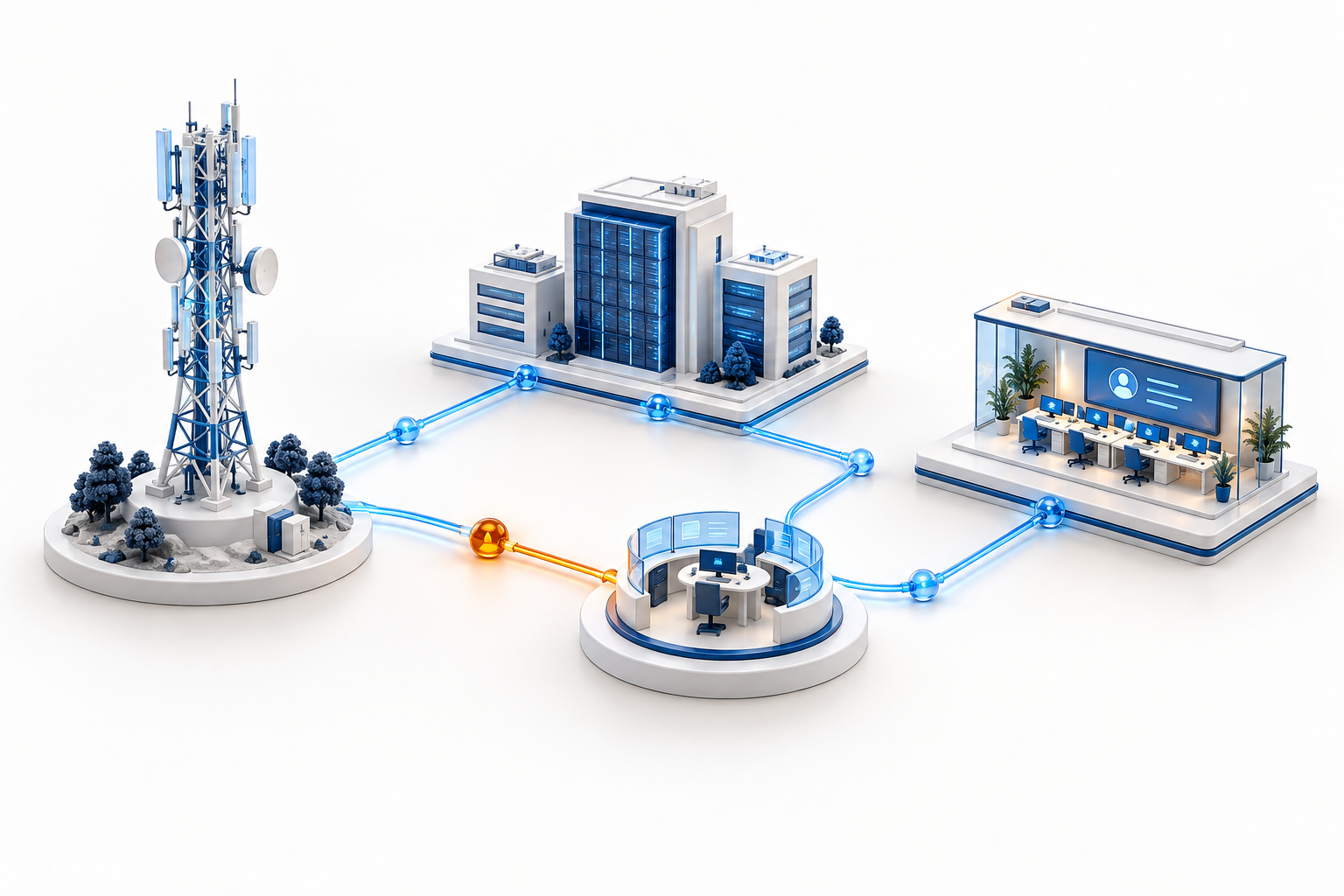 Telecommunications infrastructure connected to customer service and incident handling.