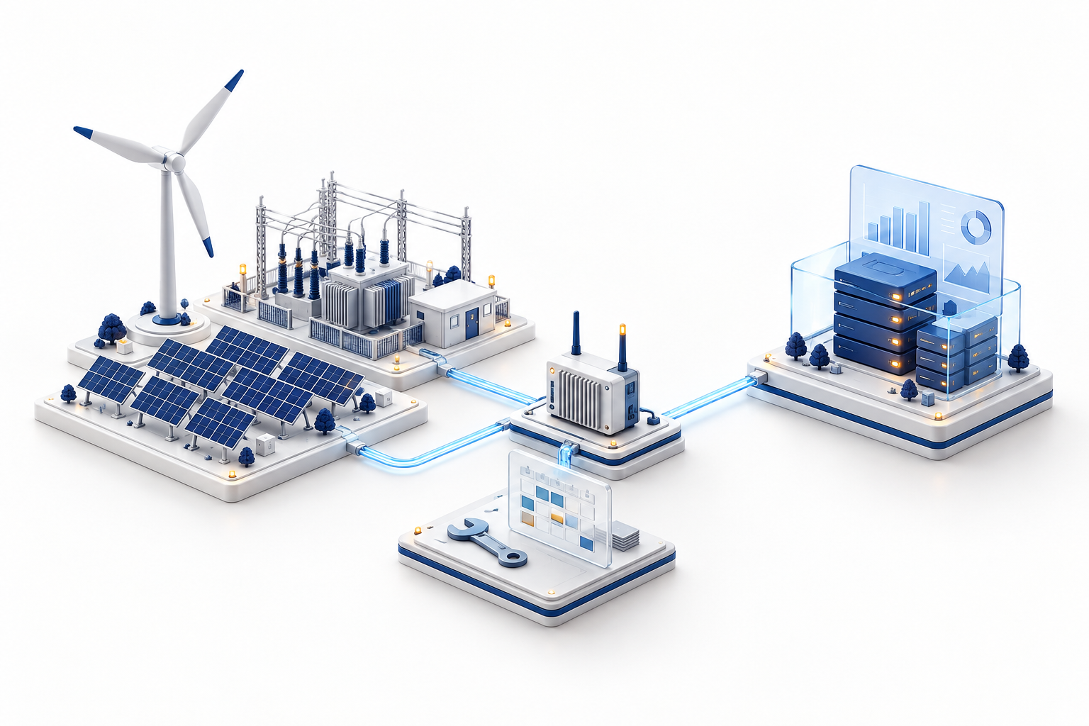 Energy assets connected to monitoring and maintenance systems.