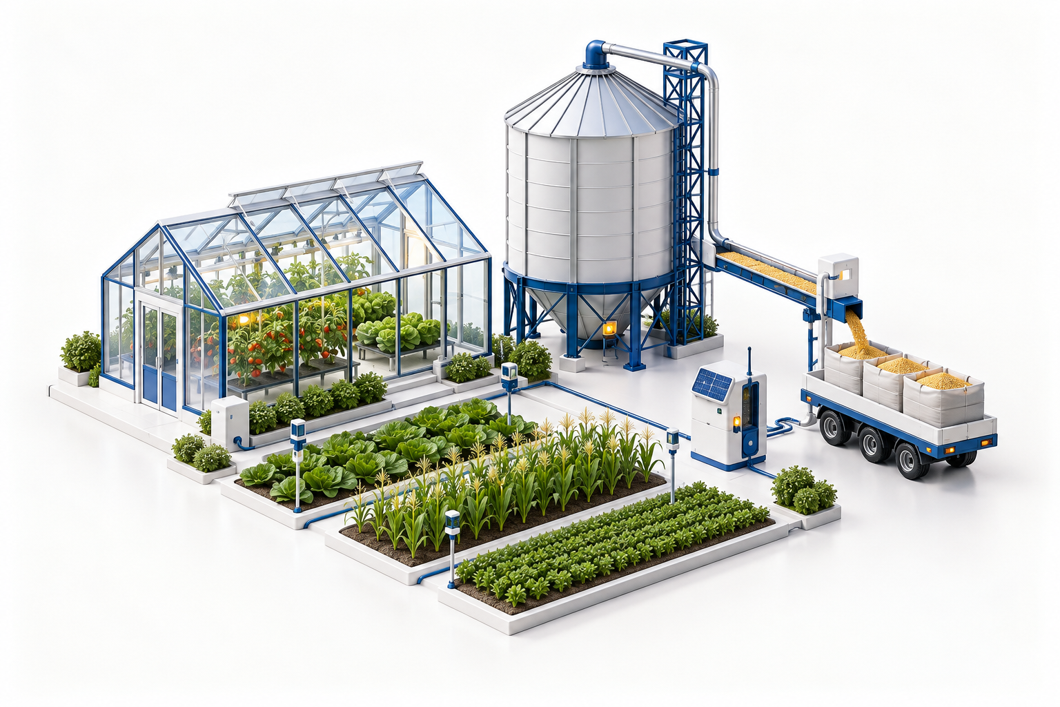 Agricultural production and storage connected to supply and field data systems.