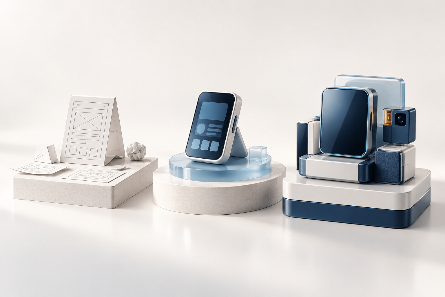 Three stages of a digital product, from wireframe to finished application.