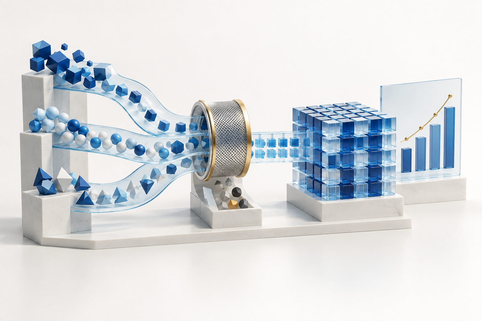 Data streams pass through quality checks into organised analytical datasets.