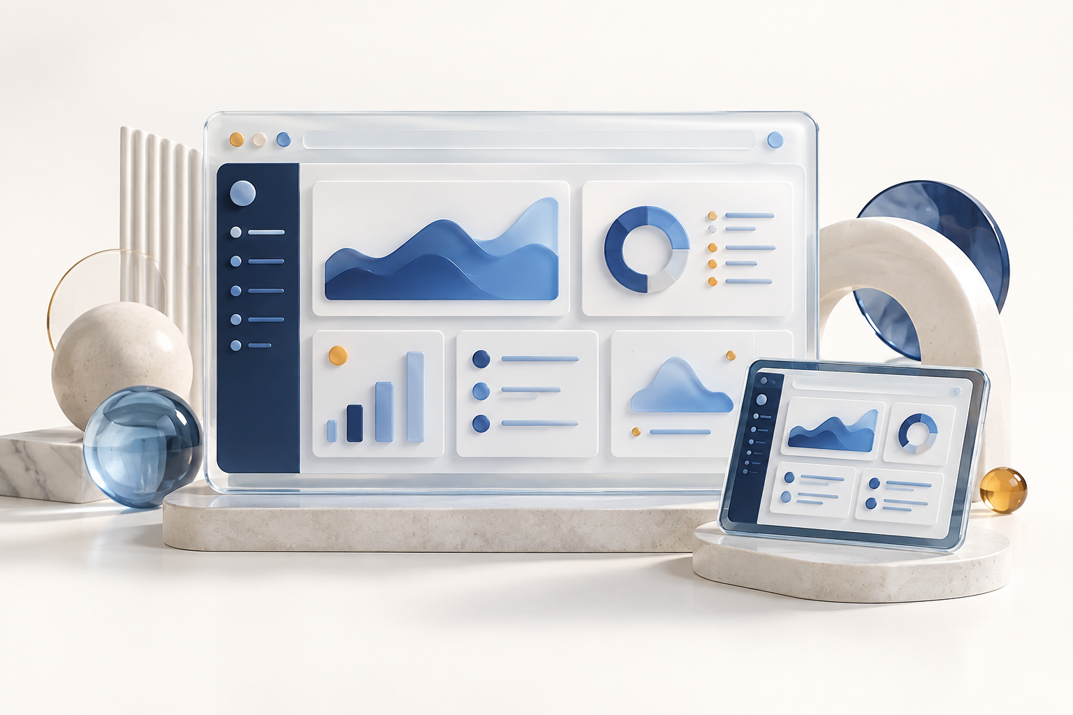 A responsive business web application shown on desktop and tablet.