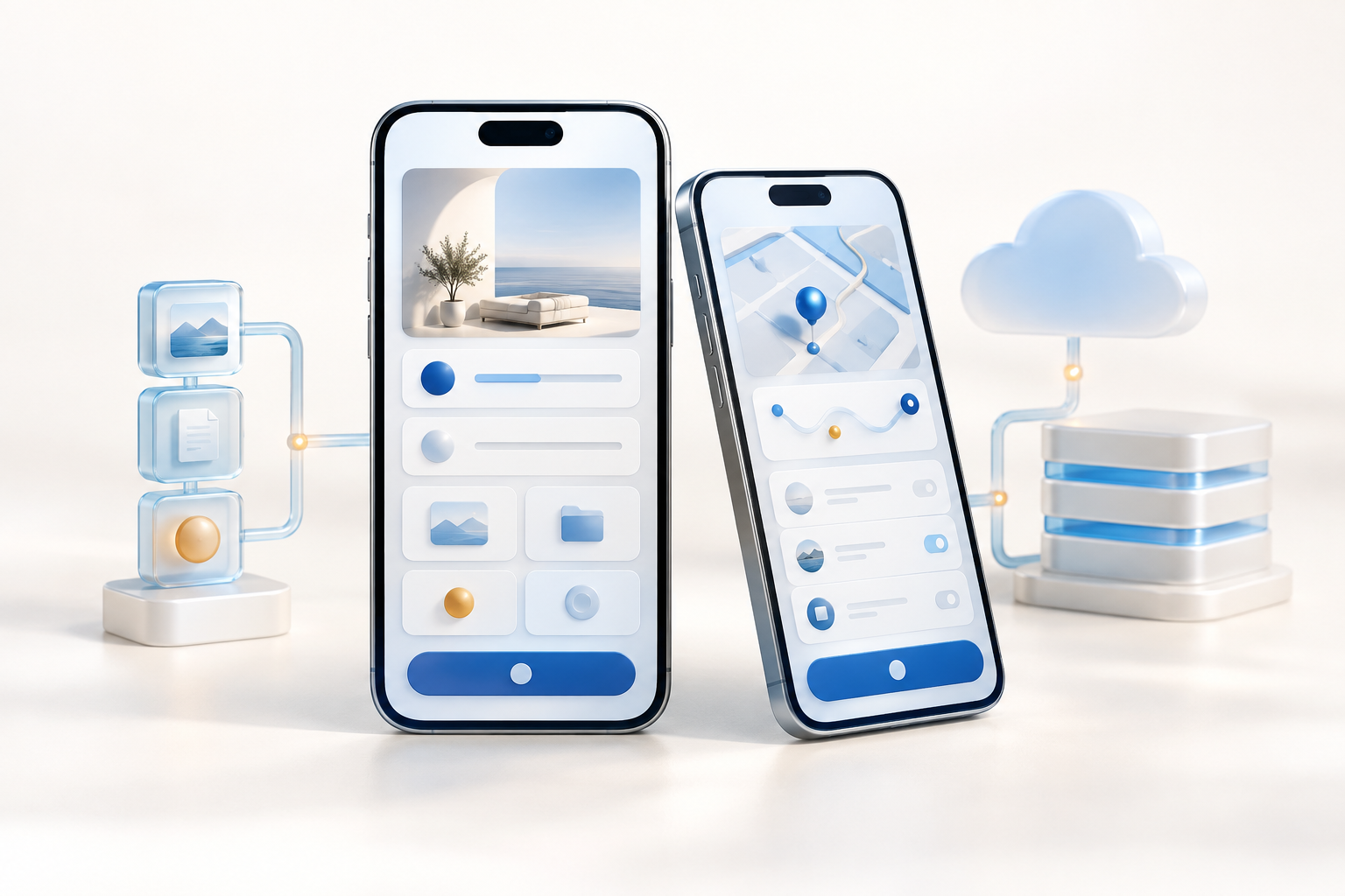 Mobile application interfaces connected to a supporting business system.